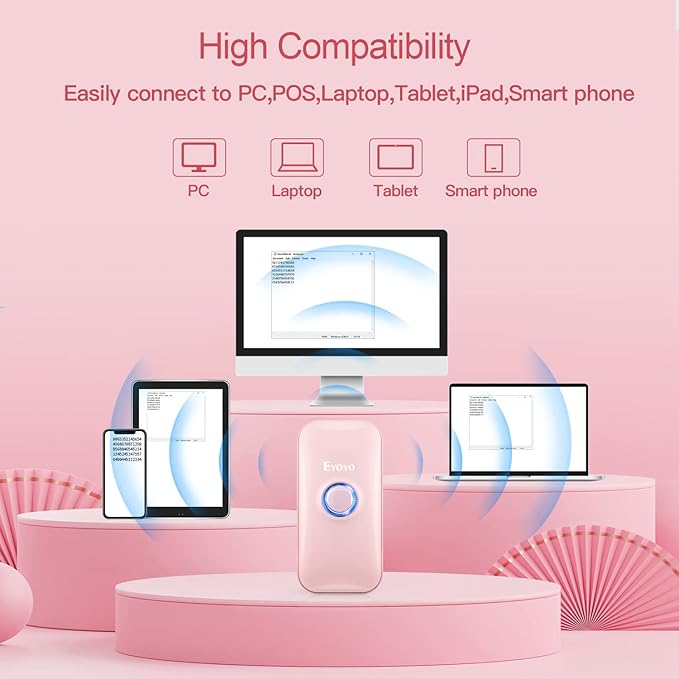 Eyoyo Mini 1D Bluetooth Barcode Scanner, 3-in-1 Bluetooth & USB Wired & 2.4G Wireless Barcode Reader Portable Bar Code Scanning Work with Windows, Android, iOS, Tablets or Computers(Pink)-DeskLoop Office