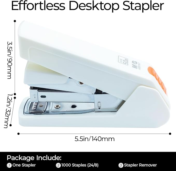 M&G Effortless Stapler 50 Sheet Capacity One-Touch Stapling, Heavy Duty Desktop Stapler Includes 1000 Staples and Remover, Portable Handheld Staplers for Home & Office (White)-DeskLoop Office