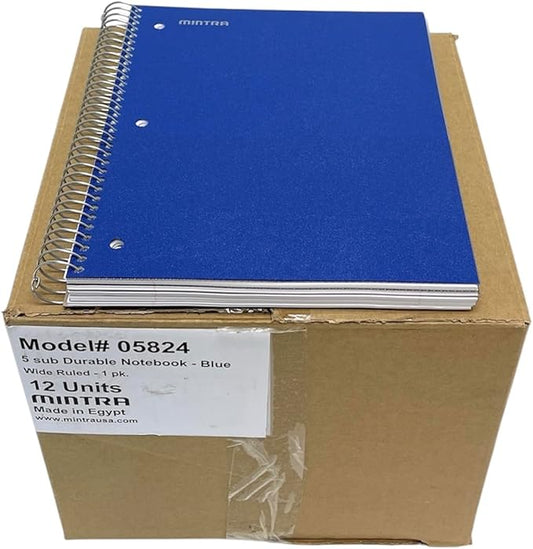 Mintra Office Durable Spiral Notebooks, 5 Subject (Blue, Wide Ruled 12pk)-DeskLoop Office