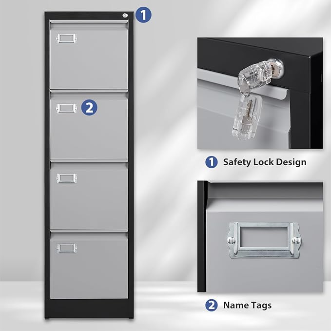 4 Drawer File Cabinet, Filing Cabinets for Home Office, Metal Vertical File Storage Cabinet with Lock, Locking File Cabinet for A4 Legal/Letter, 15" W x 17.7" D x 50.1" H, Assembly Required-DeskLoop Office