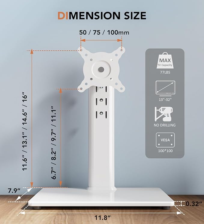 Single LCD Computer Monitor Free-Standing Desk Stand Riser for 13 inch to 32 inch Screen with Swivel, Height Adjustable, Rotation, Holds One (1) Screen up to 77Lbs(HT05W-001) White-DeskLoop Office