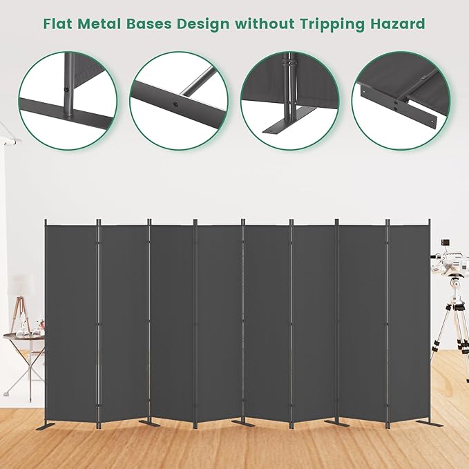 Helios&Hestia 8-Panel 6 ft Tall Indoor Folding Room Divider, Portable Privacy Screen, Freestanding Partition Separator, Temporary Wall Separation for Bedroom, Office, 160" W X 71" H, Dark Grey-DeskLoop Office