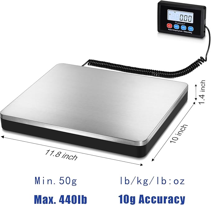 Fuzion Shipping Scale 440lb x 10g Accuracy, Postal Scale with Hold/Tare, Digital Shipping Scale for Packages Small Business, Luggage, Battery & AC/DC Adapter-DeskLoop Office