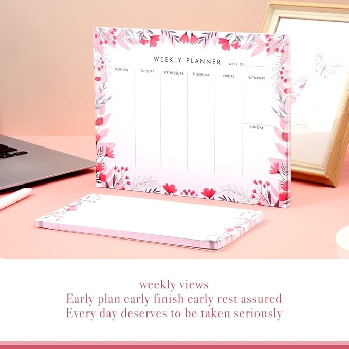 Weekly Planner Notepad Tear Off Set of 2 Weekly Calendar Pad 52 Undated To Do List Notepad Desk Planning Pads Productivity Tracker for Work School Home Goals Notes Schedule Ideas, Floral Pink-DeskLoop Office