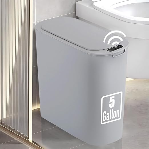 5 Gallon Motion Senor Bathroom Trash Can with Lid, Automatic Garbage Can Touchless, Smart Plastic Waste Basket for Narrow Spaces, Bathroom, Office, Bedroom, Living Room (Gray)-DeskLoop Office