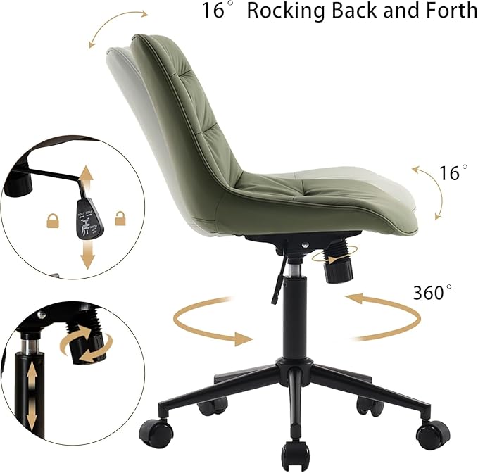 Kidol & Shellder Faux Leather Office Chair, Adjustable Swivel Height Task Chair, Rolling Wheels & Soft Backrest - Armless Ergonomic Desk Chair for Home, Office,Vanity,Gaming(Bean-Green)-DeskLoop Office