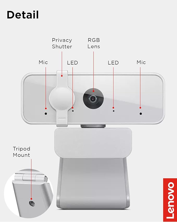 Lenovo HD 1080p Webcam (300 FHD) - Monitor Camera with 95° Wide Angle, 360° Rotation Pan & Tilt, Dual Microphones – Attachable Desktop Cam with Privacy Shutter for Remote Work, Streaming & Gaming-DeskLoop Office