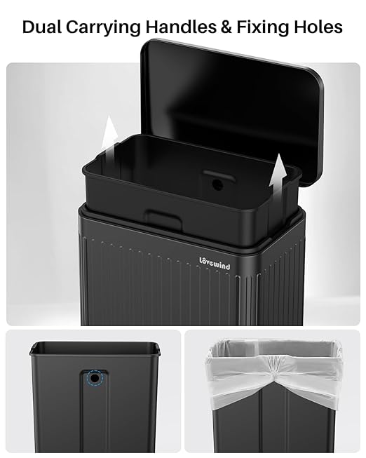 Lovewind 60 Liter/ 16 Gallon Stainless Steel Trash Can with Soft-Close Lid, Large Footstep Garbage Can with Roman Texture, Removable Inner Buckets, Recycling Bin for Kitchen Office, Black-DeskLoop Office