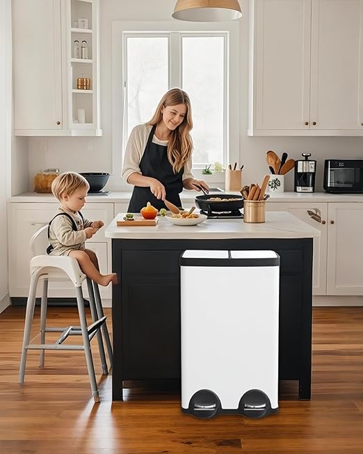 60L Dual Compartment Stainless Steel Trash Can, 16 Gallon White Kitchen Garbage Bin with Silent Sealed Lids, Pedal & Recyclable Waste Bins for Home/Office-DeskLoop Office