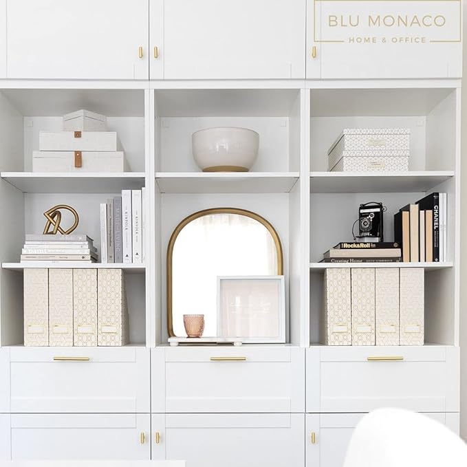 BLU MONACO Decorative Foldable Magazine Storage Boxes for Desk - Set of 4 Gold Magazine Holders with Cream Woven Design – Vintage Magazine File Organizer – Book Bins & Office Décor Storage Solution-DeskLoop Office