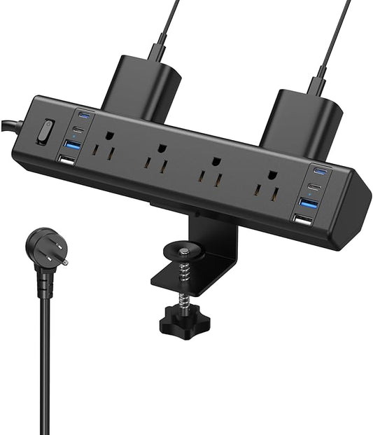 Desk Clamp Power Strip, 40W Total Fast Charging Station, Desk Edge Mount Power Strip, 8 USB Ports(4 USB C) & 8 AC Outlets, Fit 1.9" Tabletop Edge(6Ft 14AWG Cable)-DeskLoop Office