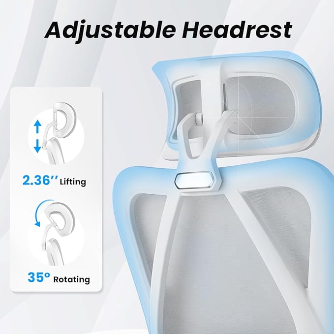 Farini Ergonomic Office Chair with Footrest, Mesh Office Desk Chair with Headrest, High Back Computer Chair with Adjustable Lumbar Support for Home Office Study Room Bedroom, White & Grey-DeskLoop Office