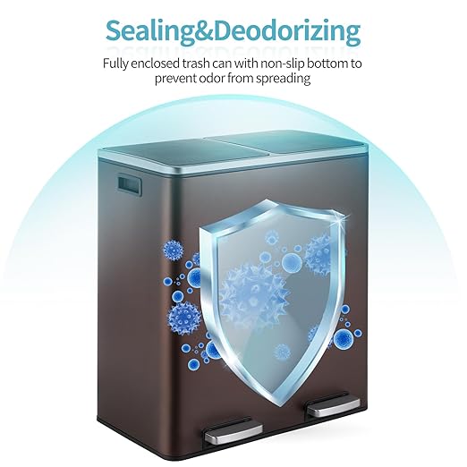 16 Gallon Rectangular Stainless Steel Trash Can, Dual Compartment Garbage Bin with Recycling Combo, Metal Dustbin Lid, Removable Liner, Indoor Hands Free Waste Bucket for Kitchen Home-DeskLoop Office