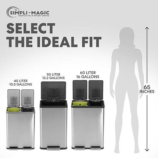 SIMPLI-MAGIC 50 Liter / 13.2 Gallon Soft-Close, Smudge Resistant Trash Can with Foot Pedal and Built in Filter- Stainless Steel, Sleek Finish-DeskLoop Office