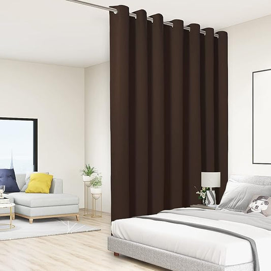 BONZER Extra Wide Room Divider Curtain Screen Partitions Total Privacy Wall Noise Reducing Blackout Curtains for Living Room, 96L x 150W Inch (8L x 12.5W ft), 1 Panel, Chocolate-DeskLoop Office