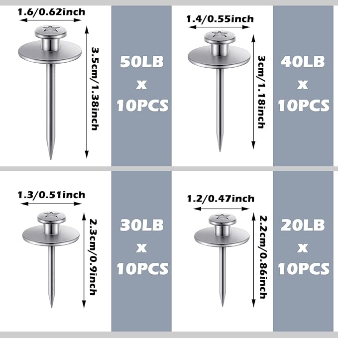 Zhengmy 40 Pcs Double Headed Picture Hangers Nails 4 Size Long Thumb Tacks Wall Nails for Hanging Pictures Decorative Push Pins Hooks for Drywall Photo Office Home Decor, 20/30/ 40/ 50lb(Silver)-DeskLoop Office