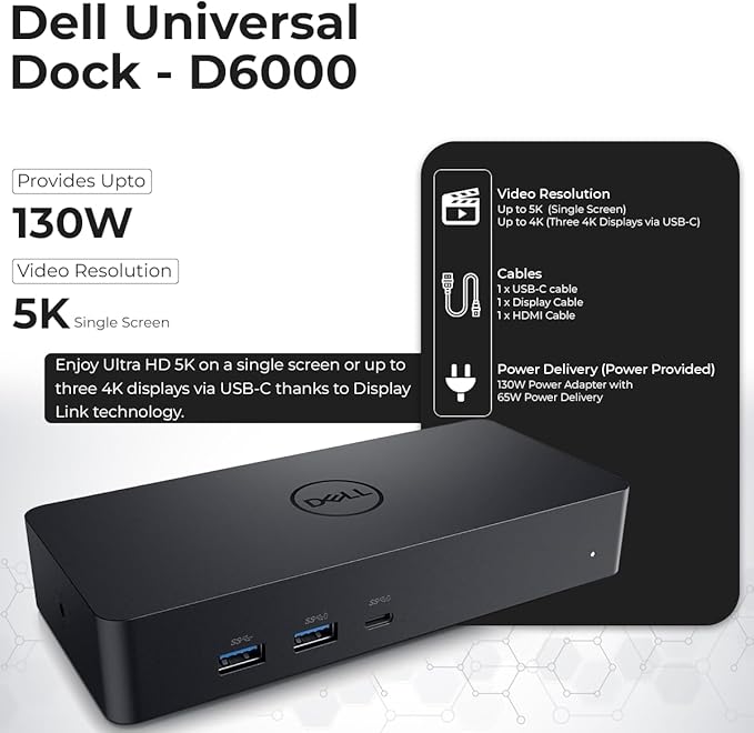 Dell D6000S Universal Dock Bundle with 130W Power Adapter – USB-C, Dual DisplayPort with 4K HDMI Cable + 4K DisplayPort Cable + USB-C Cable + Microfiber Cloth - Supports 4K Display (Renewed)-DeskLoop Office