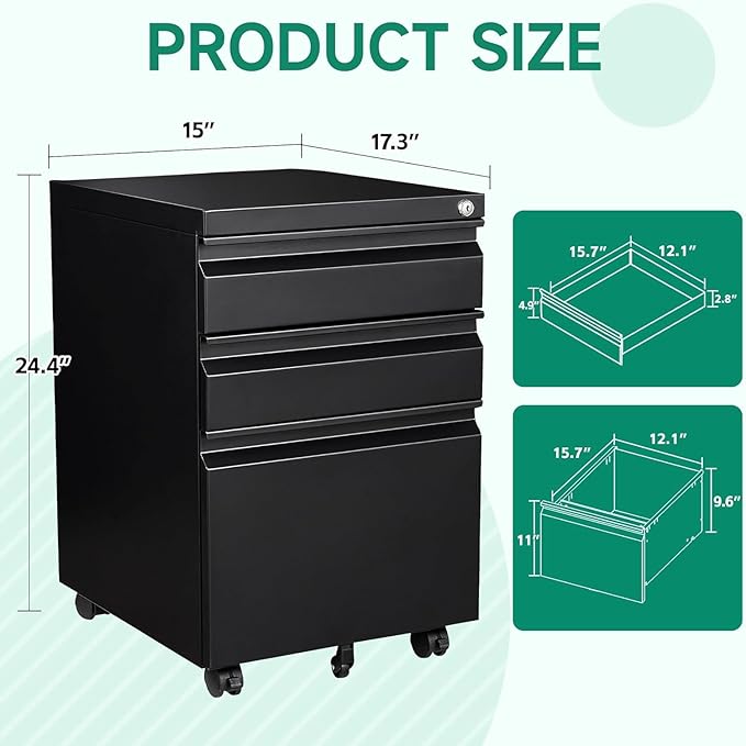 Letaya 3 Drawer Mobile File Cabinet with Lock, Under Desk Metal Rolling Filing Cabinets for Home Office Organizer Letters/Legal/A4 (Black- Requires Installation) (Black)-DeskLoop Office