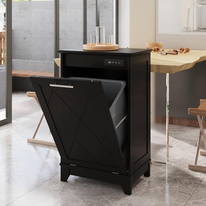 Tilt Out Trash Cabinet, Kitchen Trash Can Cabinet w/Negative ion and deodorizing Function, Dog Proof 10 Gallon Garbage Can Cabinet for Kitchen, Bathroom, Living Room, Black-DeskLoop Office