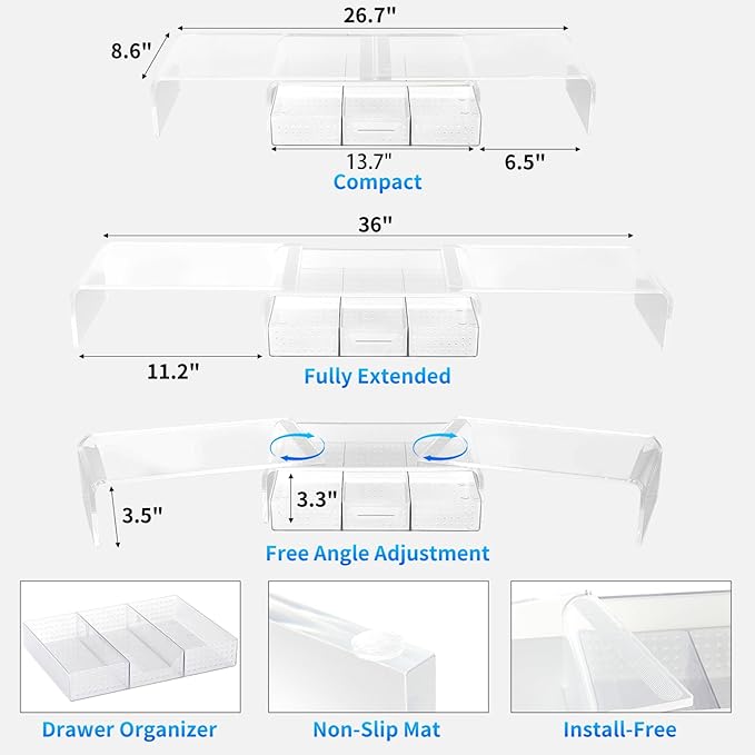 Clear Acrylic Desk Organizers and Accessories, Dual Computer Monitor Stand Riser with Drawer, Desk Shelf for Monitor, Workspace Desktop Organization for Office Supplies-DeskLoop Office