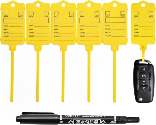 200 Car Key Tags with Labels Plastic Car Dealership Key Tags Self Locking Automotive Identifiers Blank Shop Labels with One Pen (Yellow)-DeskLoop Office
