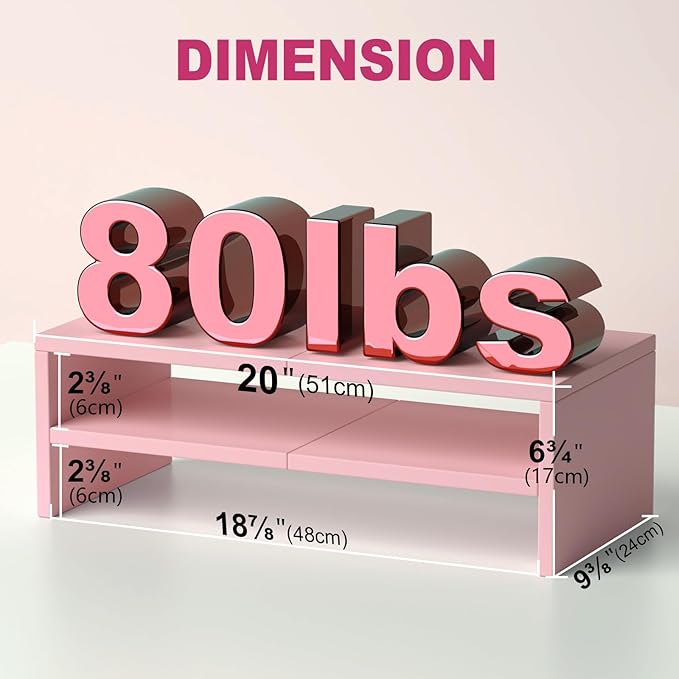 TEAMIX 2 Tiers Pink Monitor Stand Riser, Desktop Stand with Keyboard Storage Small TV Stand Laptop Wooden Desk Organizer Cute Shelf (Pink, 2 Tiers)-DeskLoop Office