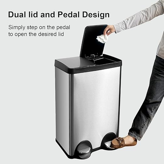 Dual Trash Can, 60 Liter/16 Gallon Dual Bin Trash Can with Lids, Kitchen Trash Can Dual Compartments, Trash and Recycling Bin Combo, Hands-Free Stainless Steel Kitchen Trash Can-DeskLoop Office