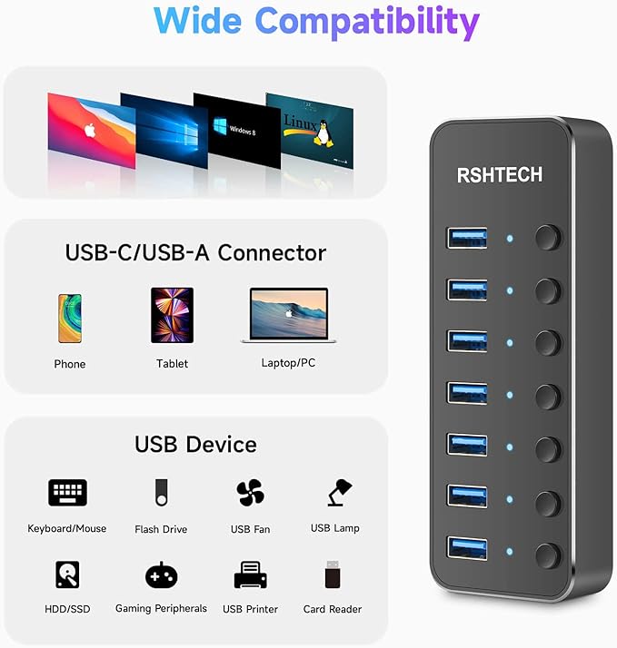 Powered UBS Hub, RSHTECH 7 Port USB 3.0/USB C Hub Upgraded Version Aluminum USB Splitter with 2-in-1 USB Cable,5V 3A Power Adapter and Individual Switches, USB Port Expander for Laptop/PC, RSH-ST07-DeskLoop Office