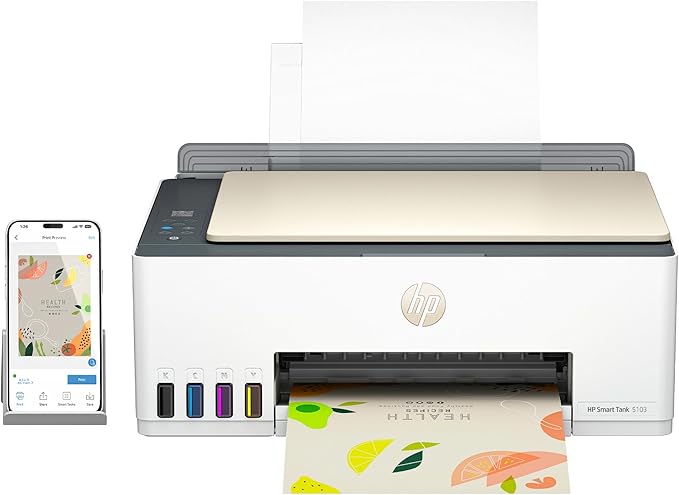HP Smart Tank 5103 Wireless All-in-One Refillable Ink Tank Printer, Scanner, Copier with 2 Years of Ink and 100 Sheets of Photo Paper Included, Best for Home (5D1B2A)-DeskLoop Office