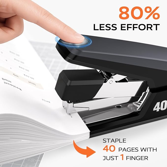 Effortless Stapler for Desk with 40-50 Sheet Capacity, 2000 Staples, 1-Touch Stapling, Ergonomic & Easy to Load Desktop Staplers, Heavy Duty Stapler, and Magnetic Staple Remover, Black-DeskLoop Office
