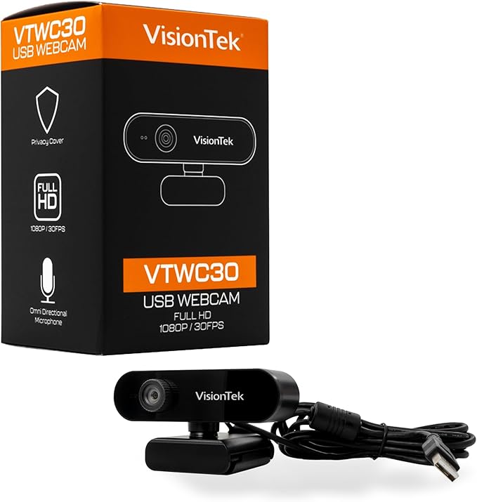 VisionTek VTWC30 Premium Full HD (1080P 30FPS) Webcam, for Windows, Mac, Linux, & Chromebook with Digital Dual Microphones, Manual Focus Lens, Privacy Cover, 83-Degree Viewing Angle-DeskLoop Office