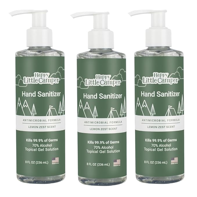 Happy Little Camper Hand Sanitizer with Lemon Zest Scent - Moisturizing Gel with Vitamin E & Antimicrobial Formula- Contains 70% Ethyl Alcohol - Travel Size, Made in USA - 3x 8oz bottles-DeskLoop Office