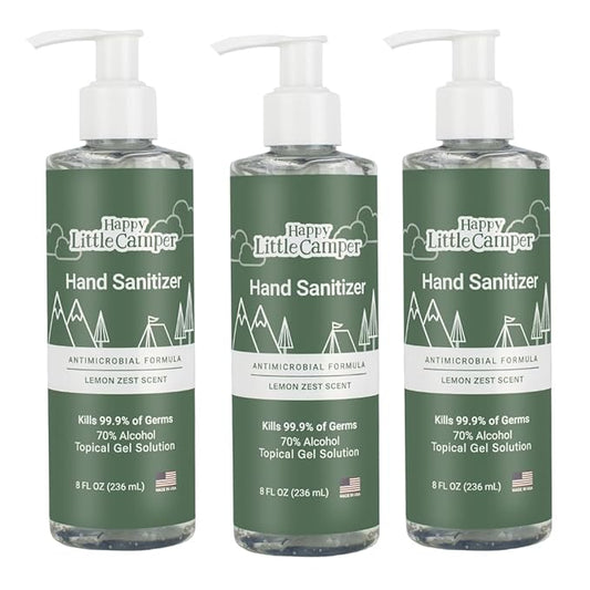 Happy Little Camper Hand Sanitizer with Lemon Zest Scent - Moisturizing Gel with Vitamin E & Antimicrobial Formula- Contains 70% Ethyl Alcohol - Travel Size, Made in USA - 3x 8oz bottles-DeskLoop Office