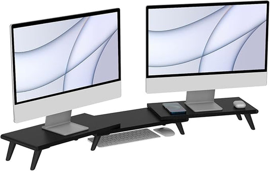 loukin Dual Monitor Stand Riser for Desk, 43.6"*8.2"*3.2" Large Computer Stand for 2 Monitors, Laptop, Printer, Length and Angle Adjustable Computer Shelf, Home Office,Max 43.6" Length(Black)-DeskLoop Office