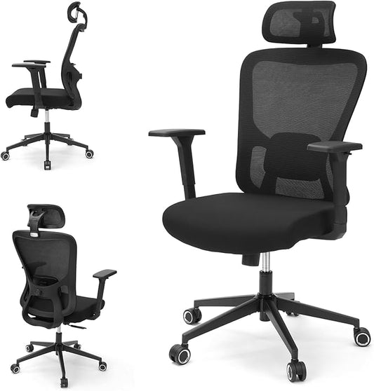 Ergonomic Office Mesh Chair, High Back Swivel Comfty Desk Chairs- 3D Armrest Adjustable Lumbar Support Capacity 400lbs and Headrest Wide for Home & Office, Bedroom (Black)-DeskLoop Office