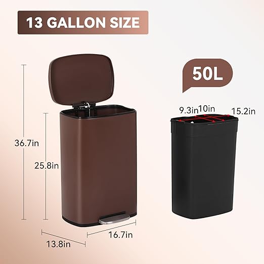 PayLessHere Stainless Steel Trash Can with Lid - Removable Inner Bucket, Foot Pedal Soft Close for Office, Home, Kitchen Garbage Bin (Brown, 13 G)-DeskLoop Office