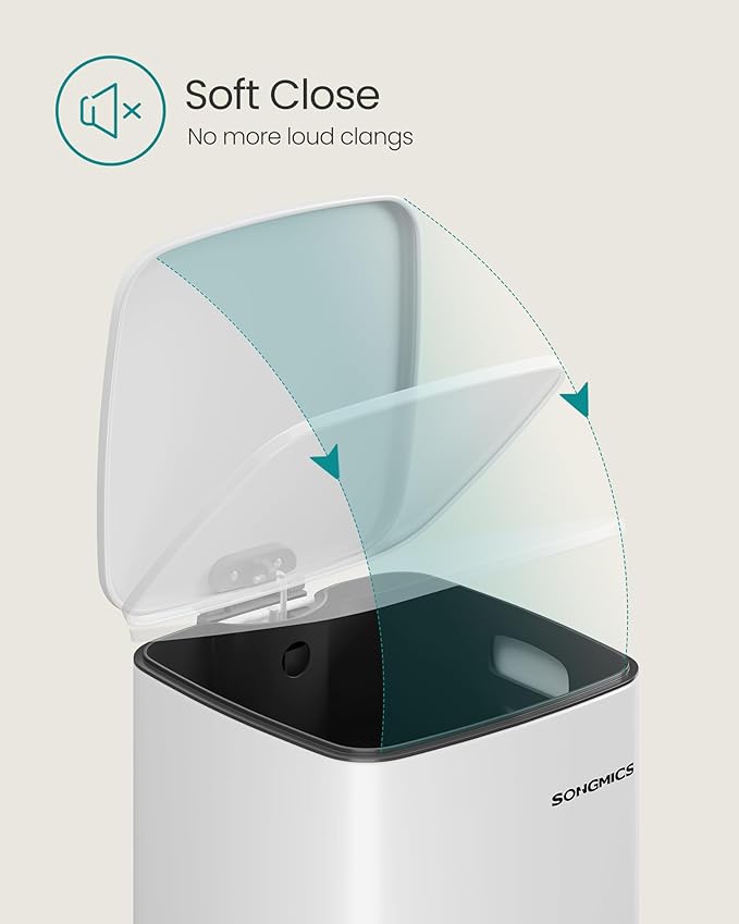 SONGMICS Kitchen Trash Can, 8-Gallon (30 L) Trash Bin, Stainless Steel Garbage Can, with Inner Bucket, Soft Close and Stays Open, Cloud White ULTB593W01-DeskLoop Office