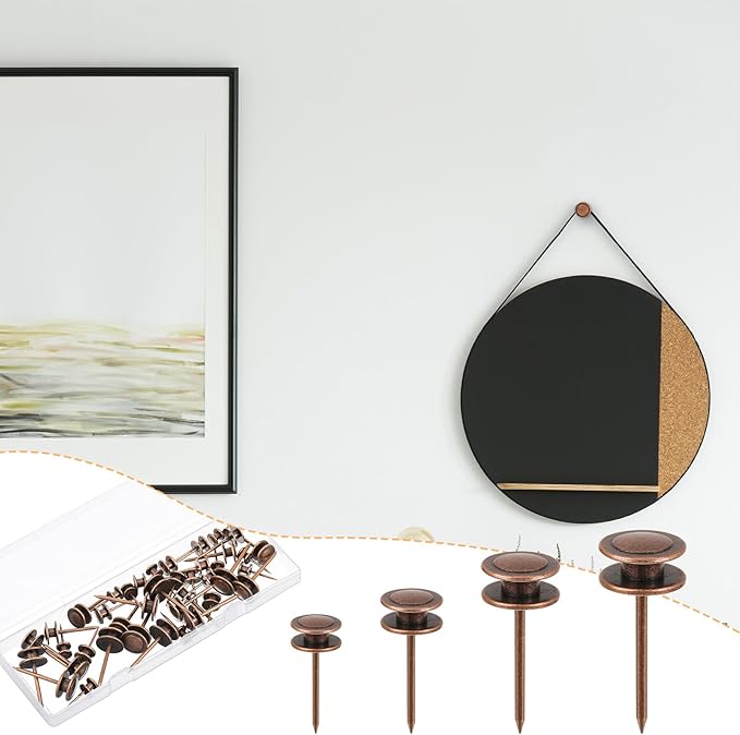 Ferraycle 40 Piece Double Headed Picture Hangers Nails 4 Size Long Thumb Tacks for Wall Hanging Decorative Nails Push Pins Picture Hooks for Drywall Photo Decor, 10/20/ 30/ 50lb(Red Antique)-DeskLoop Office