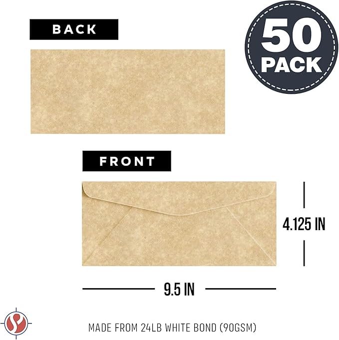 Elegant Aged Parchment #10 Business Envelopes – Great for Invitations, Greetings, Holiday, Office, Invoices, Letters, Mailings | 4 1/8 x 9 1/2 Inches | 50 Per Pack-DeskLoop Office