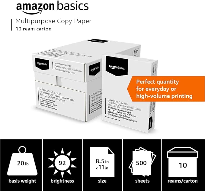 Amazon Basics Multipurpose Copy Printer Paper, 20 lb, 8.5 x 11 Inches, 10 Reams (5,000 Sheets), 92 Bright, White-DeskLoop Office