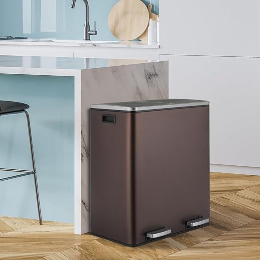 16 Gallon Rectangular Stainless Steel Trash Can, Dual Compartment Garbage Bin with Recycling Combo, Metal Dustbin Lid, Removable Liner, Indoor Hands Free Waste Bucket for Kitchen Home-DeskLoop Office