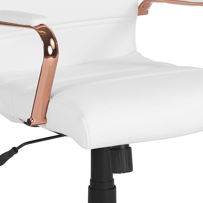 Flash Furniture Whitney Mid-Back Swivel LeatherSoft Desk Chair with Padded Seat and Armrests, Adjustable Height Padded LeatherSoft Office Chair, White/Rose Gold-DeskLoop Office