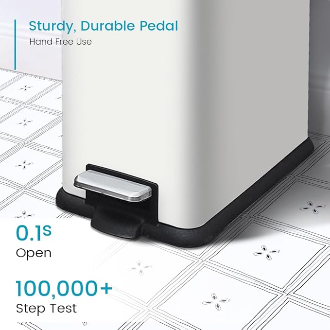 12 Gallon Slim Kitchen Trash Can, Rectangular Trash Can with Removal Inner Bucket and Soft-Close Lid, Foot Pedal, Stainless Steel Garbage Can 45 Liter, White-DeskLoop Office