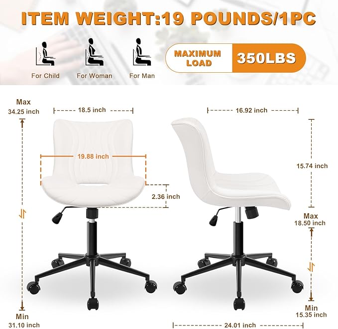 Office Chair, Armless Desk Chair with Wheels, Ergonomic Comfy Home Office Computer Task Chairs, Faux Leather Padded Cute Vanity Chair, Adjustable Height Swivel Chair with Back,White-DeskLoop Office