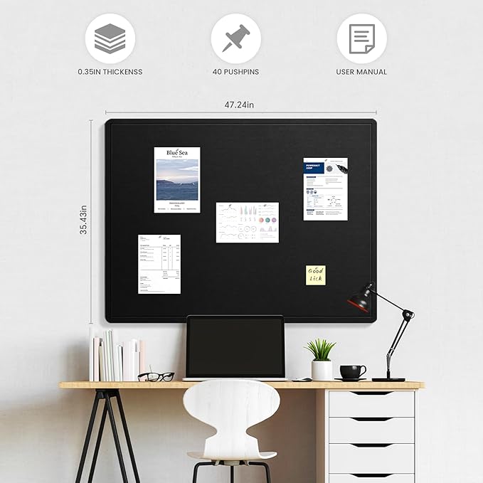 Large Bulletin Board, 48 X 36 Inches Felt Cork Board with 40 Pushpins, Foldable Felt Notice Pin Board Photo Display Board with Self-Adhesive Tape for Office Home School-DeskLoop Office