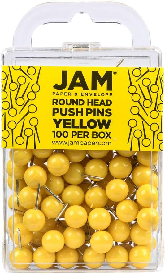 JAM PAPER Colorful Push Pins - Round Head Map Thumb Tacks - Yellow Pushpins - 100/Pack-DeskLoop Office
