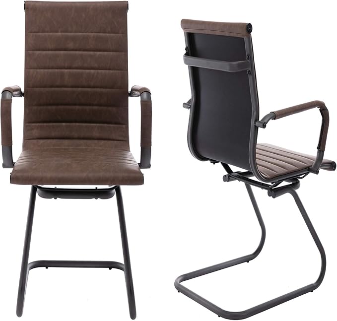 Heavy Duty Office Chair Reception Chairs Leather Conference Chairs Back Support Guest Chair, Set of 2 (Vintage Brown)-DeskLoop Office