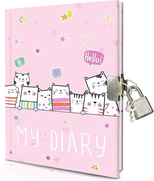 Cat Diary with Lock for Girls, 7x5.25 Inches 160 Lined Pages Secret Kids Diary Cute Cats Journal with Lock and Keys Notebook for Girls Birhtday Gifts for 5-10 Years Old-DeskLoop Office