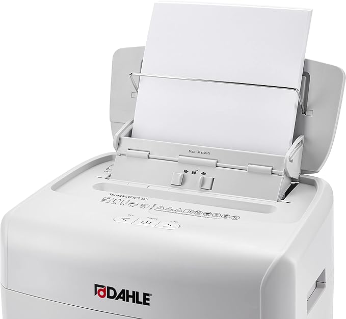 Dahle ShredMATIC SM 90 Auto-Feed Paper Shredder, Cross Cut, 90 Sheet Feed Tray, German Engineered, Jam Protection, Oil Free, SmartPower, P-4 Security, Shreds Staples/Paper Clips/Credit Cards-DeskLoop Office
