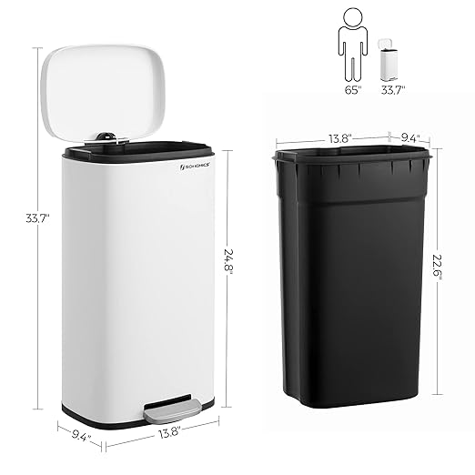 SONGMICS Trash Can with Lid, 8 Gallon Garbage Can, Stainless Steel Small Waste Bin with Step Pedal and Inner Bucket, Soft Close, Kitchen, White ULTB102W01-DeskLoop Office